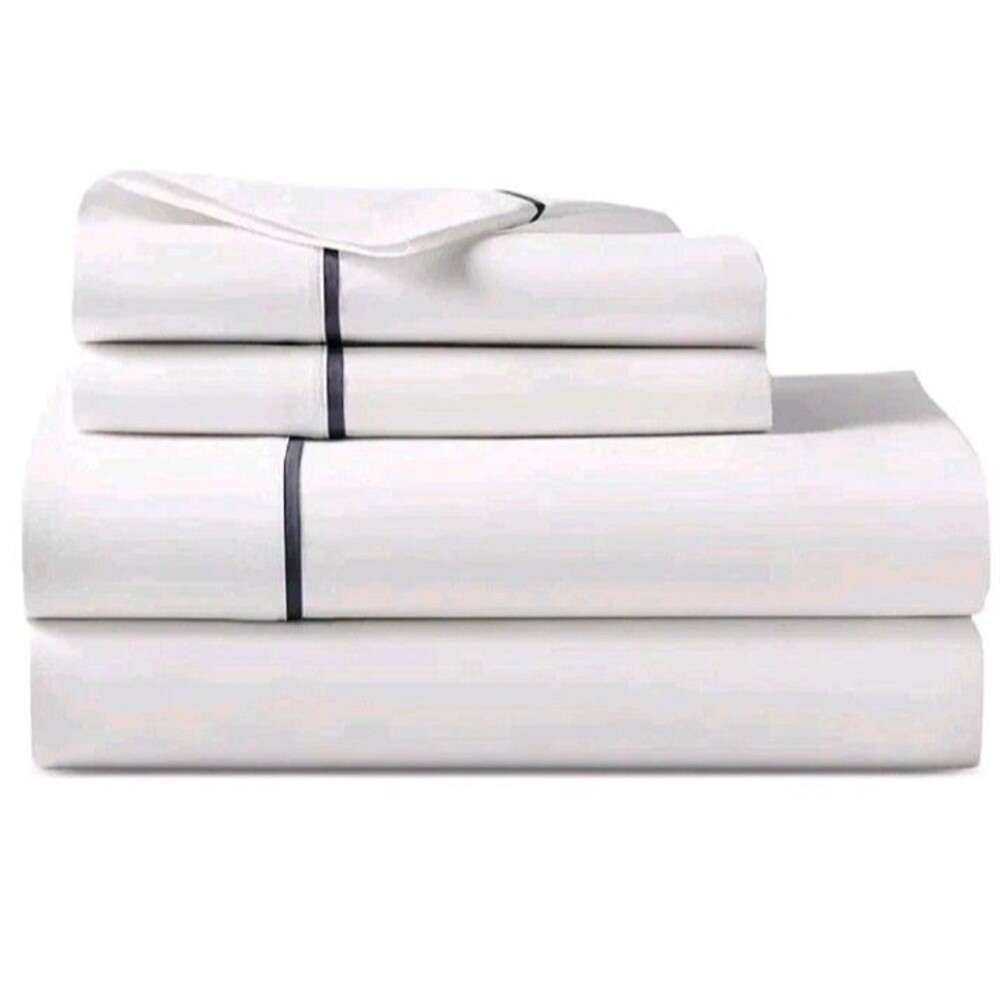 NEW Ralph Lauren Palmer Percale Org Cotton Queen Flat Sheet White Navy 96x108in